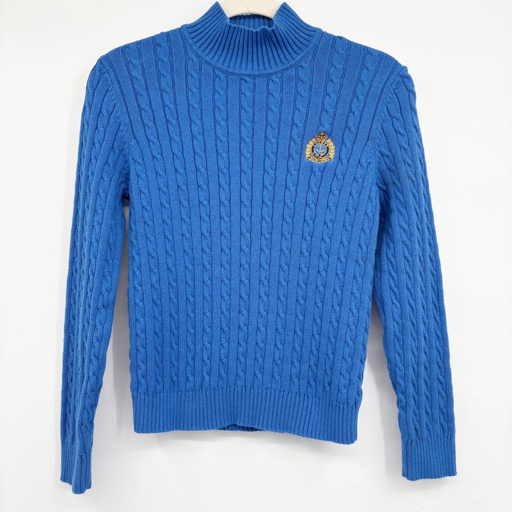 Lauren Ralph Lauren Womens Blue Cable Knit Preppy Crest Mock Neck Sweater PS